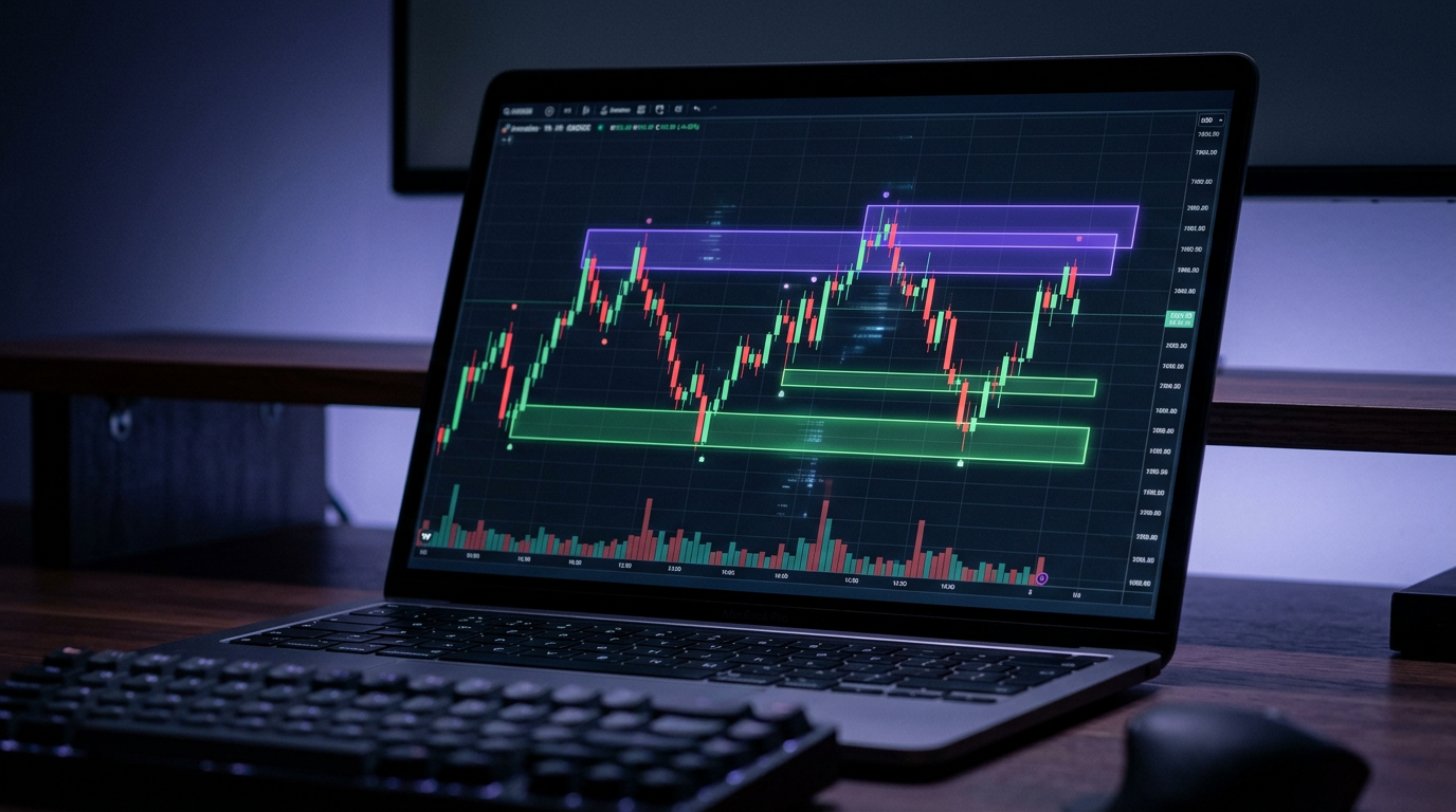 Laptop showing a candlestick chart with AI-highlighted supply and demand zones