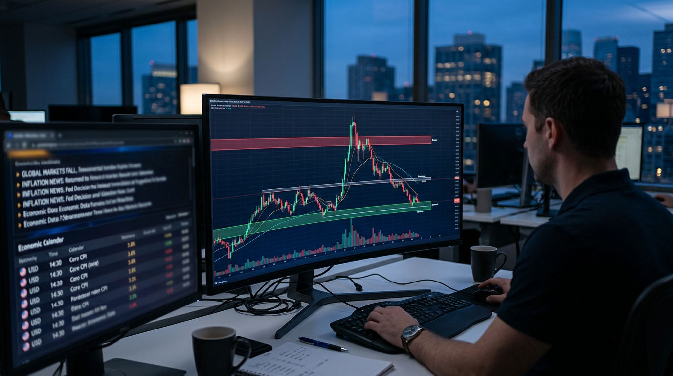 Trading desk with a volatile candlestick chart and financial news on a second screen